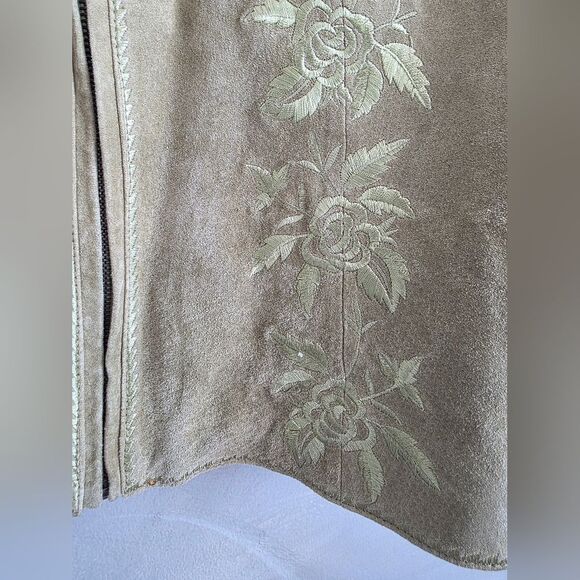 Vintage Floral Embroidered PaleGreen Leather Suede Jacket Sz L Mock Neck - Picture 9 of 13